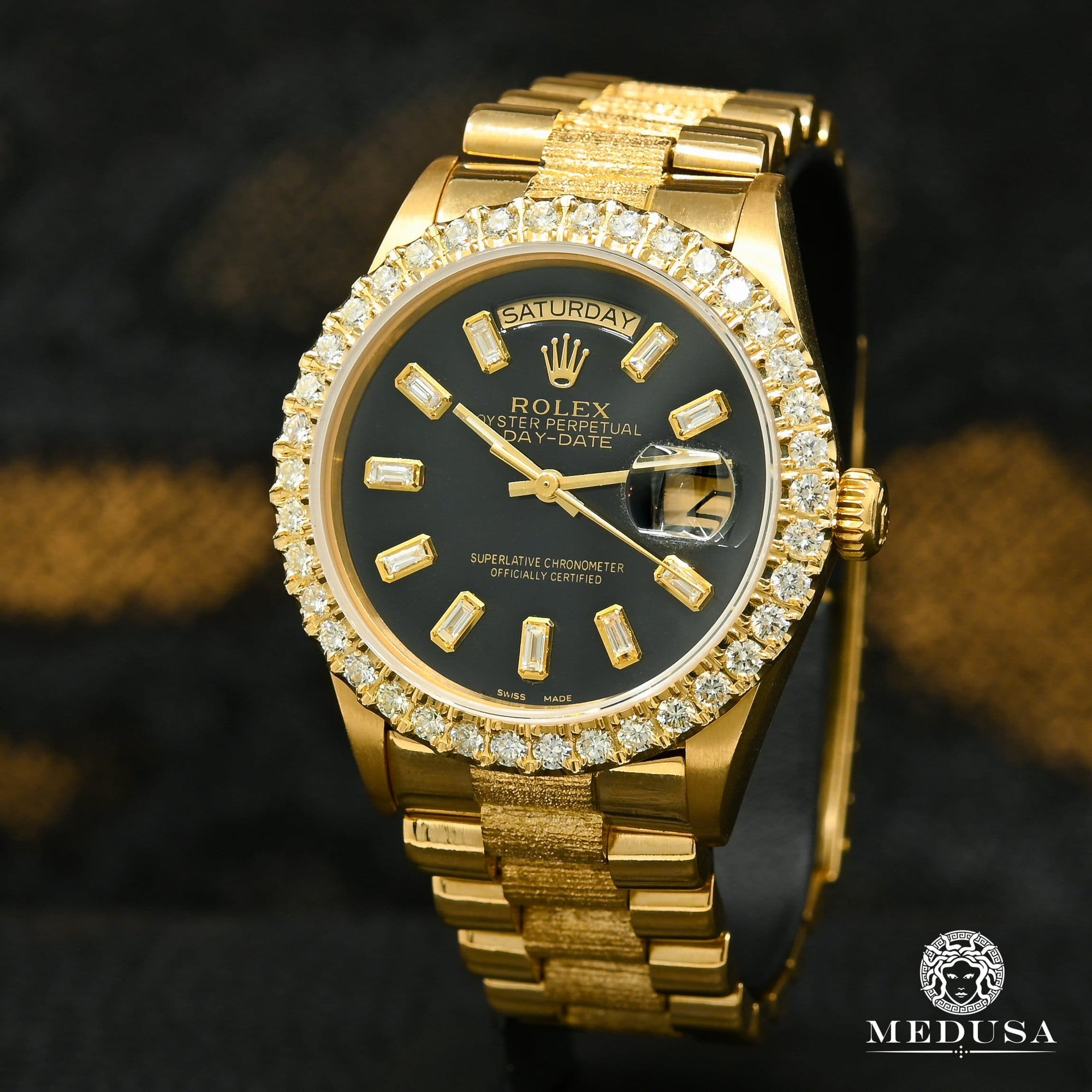 Montre Rolex | Montre Homme Rolex President Day-Date 36mm - Full Baguette Noir Baguette / Or Jaune